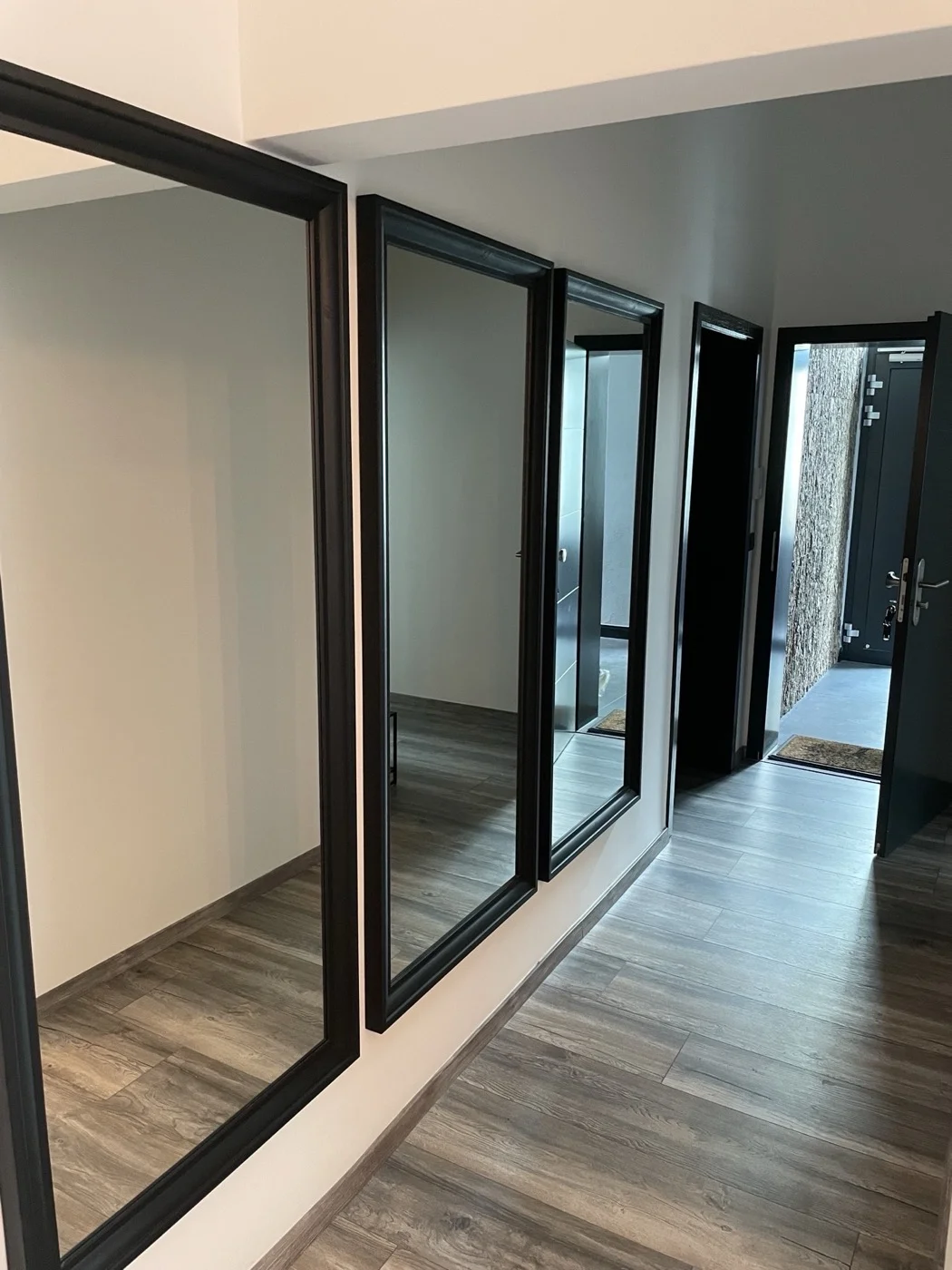 Moderner Flur mit grauem Vinylboden in Holzoptik und großen Spiegeln